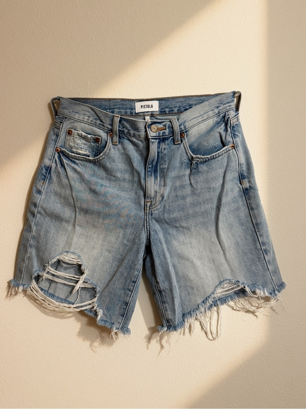 pistola faded light blue distressed denim high-rise mom shorts